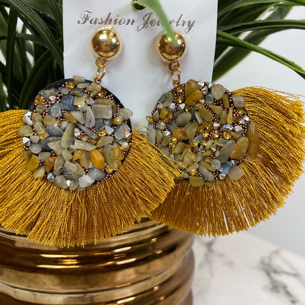 ‼️ Mustard Olive Blue Stone Diamond Fan Earrings - Picture 2 of 8